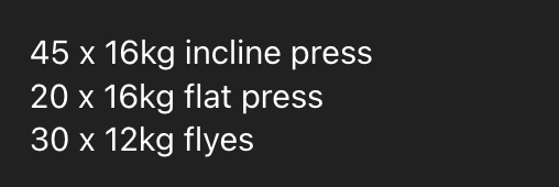A workout plan for a light chest workout is displayed on a dark background.