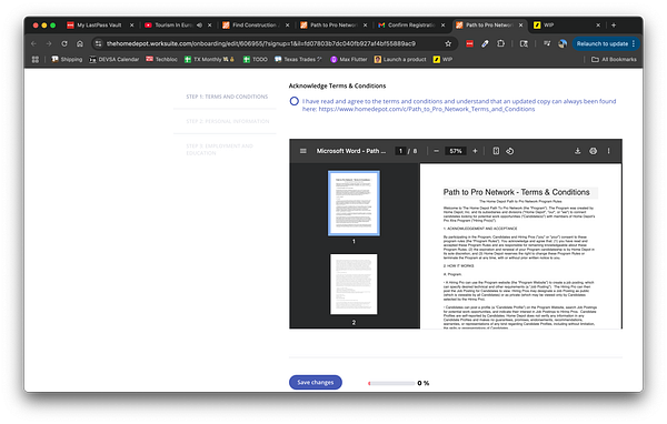 The image displays a screenshot of a web interface for acknowledging terms and conditions related to Home Depot's Path to Pro Network program.