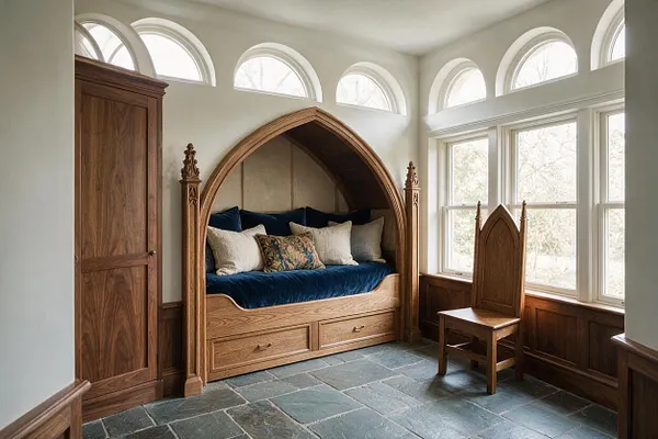 A sunroom with Gothic-inspired details features a pointed arched wooden alcove holding a cushioned daybed with blue velvet bedding and layered neutral pillows. White walls, arched clerestory windows, a stone tile floor, and wood paneling create a bright yet historic atmosphere, with a carved wooden chair and cabinet completing the space.