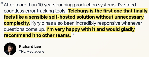Screenshot of a web interface showing a Telebugs error tracking dashboard with an error list and filter options.