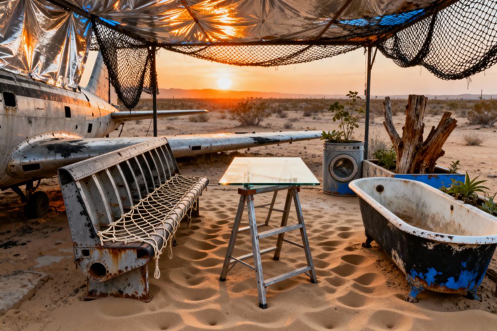 A desert patio made from salvaged parts sits beneath a canopy of reflective foil and black cargo netting at sunset. A ribbed aluminum aircraft bench with rope webbing faces a glass tabletop on metal sawhorses, while a chipped black-and-blue enamel bathtub and a washing machine drum planter with greenery sit beside driftwood; an airplane fuselage and wing frame the sandy scene with scrub and distant hills.