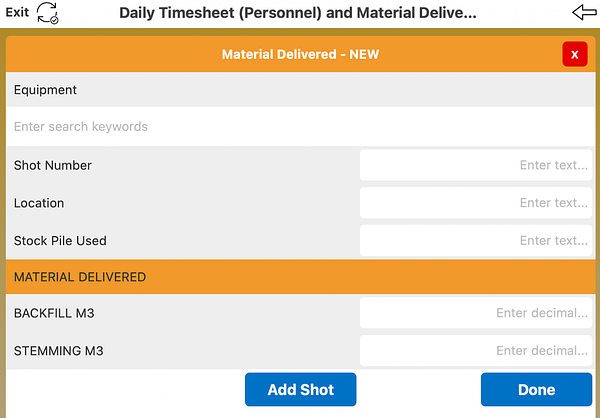 The image displays a user interface for a daily timesheet and material delivery tracking application.