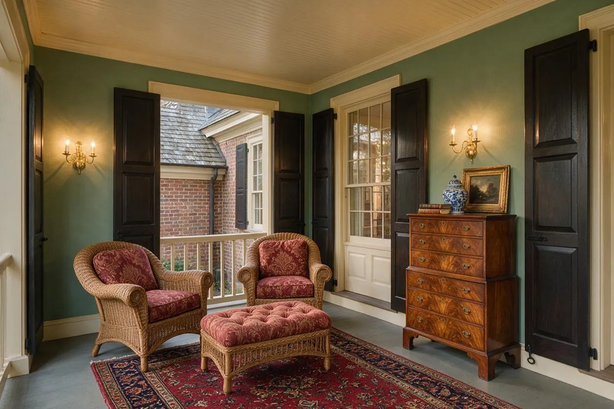 A traditional front porch converted into a sitting room with sage green walls, cream trim, and a beadboard ceiling. The space includes wicker armchairs with red patterned upholstery, a matching ottoman, a carved wooden chest, black shutters framing the windows and door, brass wall sconces, and layered Persian-style rugs.