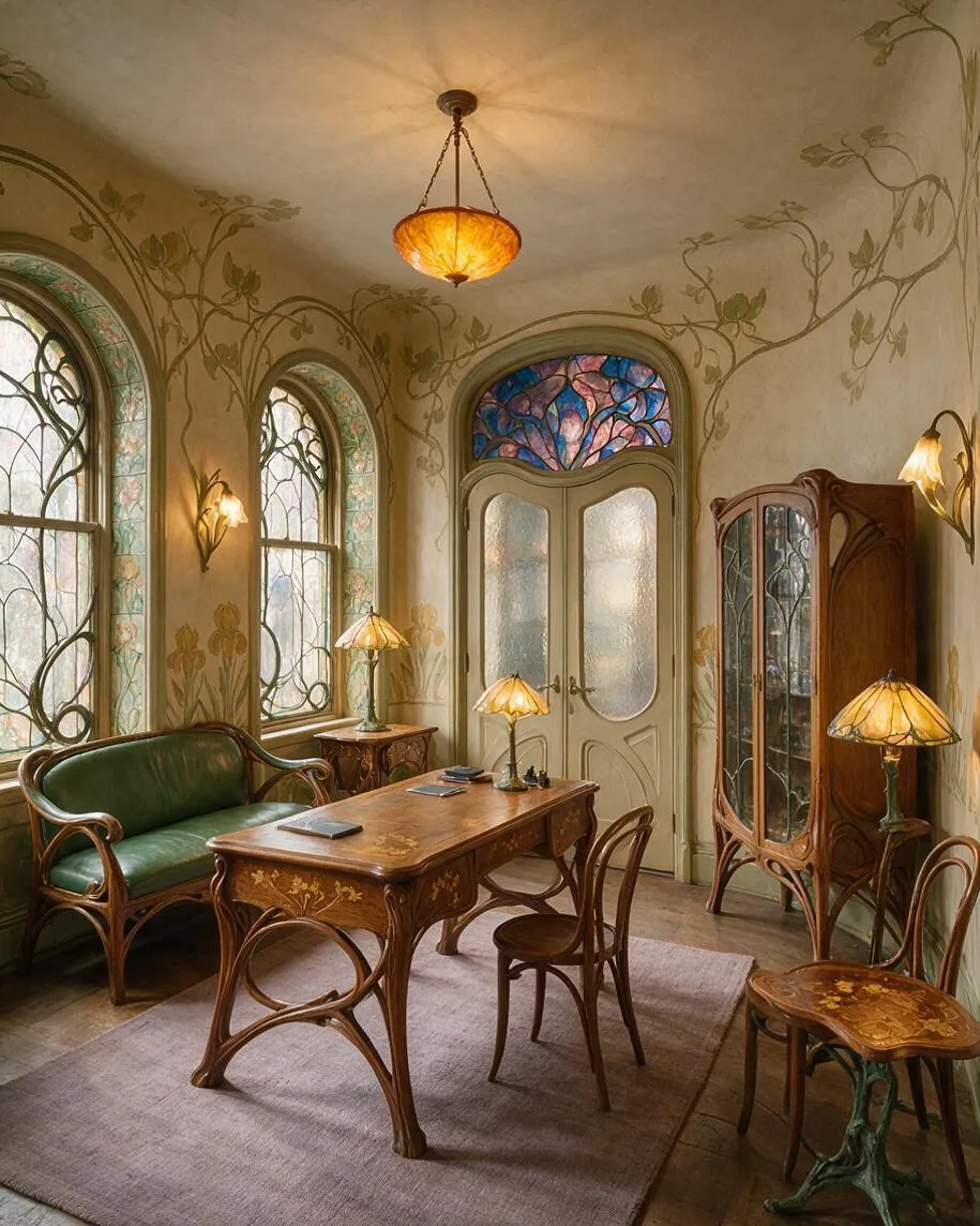 A refined Art Nouveau home office with arched stained-glass windows, vine-patterned wall murals, and carved wooden furnishings. A central wooden desk sits on a muted rug, flanked by a green leather settee, decorative lamps, and a glass-front cabinet, all under a warm amber pendant light.