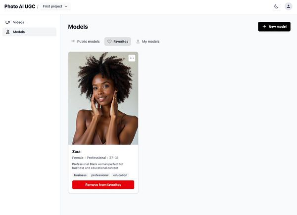 The image displays a user interface for managing models, featuring a profile card for a model named Zara.