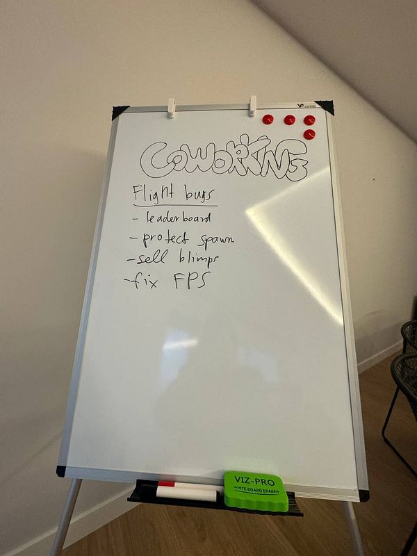 A whiteboard with a list of tasks related to a project titled 'Coworking'.