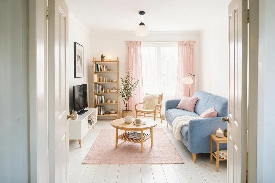 A Scandinavian living room in dusty blue and oak