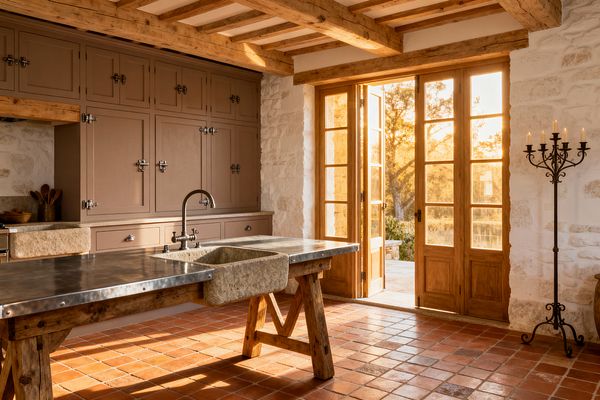 A sunlit French Country kitchen features terracotta tile floors, rough limestone walls, and exposed wood beams. A rustic trestle island with a zinc countertop includes a carved limestone apron sink and bridge faucet, facing tall oak French doors with divided glass panes; taupe inset cabinets with latching hardware line the wall, and a wrought-iron candelabra stands near the doorway.