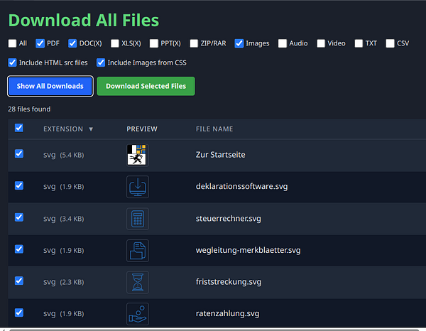 A user interface for downloading various file types, primarily SVG files, with a list of available files and options.