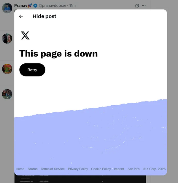 A screenshot of an error message on the X platform indicating that a page is down.