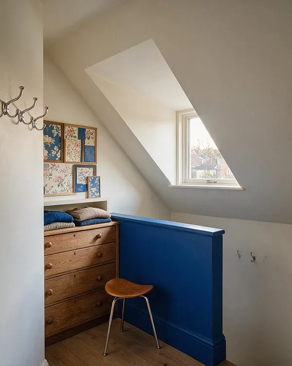A compact attic closet with sloped white ceilings, a small window, and a vivid blue half-wall. A wooden chest of drawers sits beside a simple wood-and-metal stool, while framed floral fabric swatches decorate the wall and chrome hooks line the side.