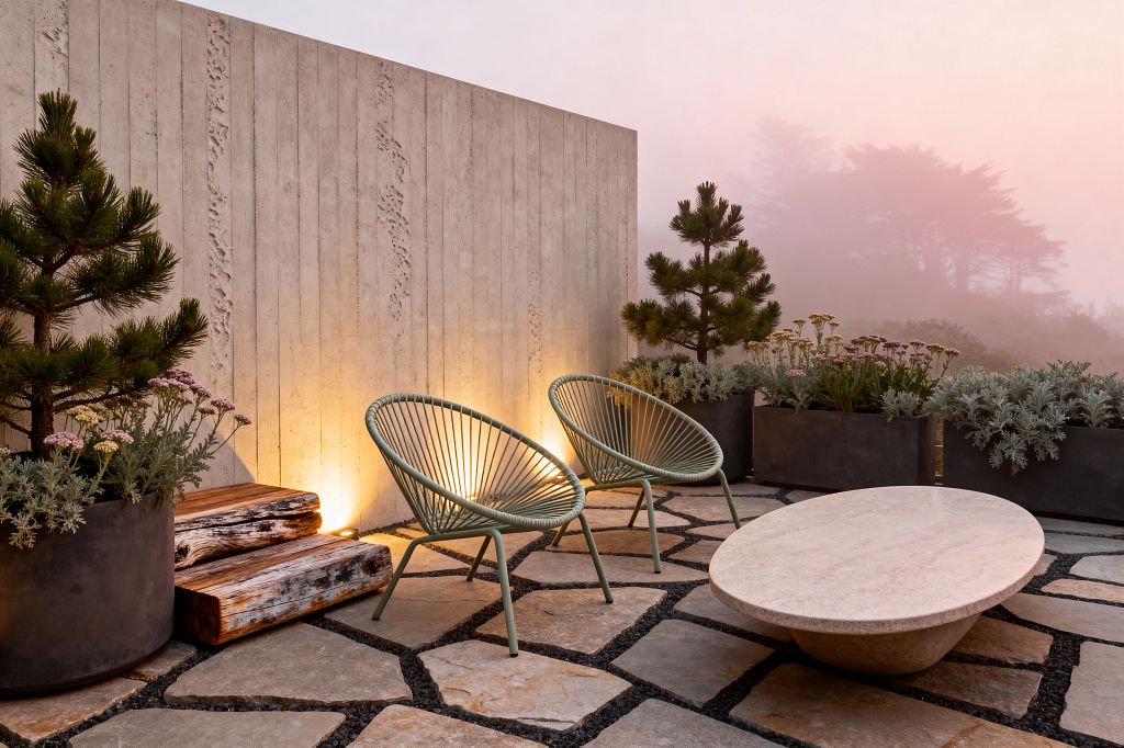 An outdoor patio features irregular flagstone pavers set in black gravel, two sage-green woven lounge chairs, and a low oval stone coffee table. A tall board-formed concrete wall glows with warm uplights behind charcoal planters filled with dwarf pines, silvery foliage, and pale pink flowers. Weathered timber steps sit to the left, with a misty pink sky in the background, creating a calm, minimalist Scandinavian atmosphere.