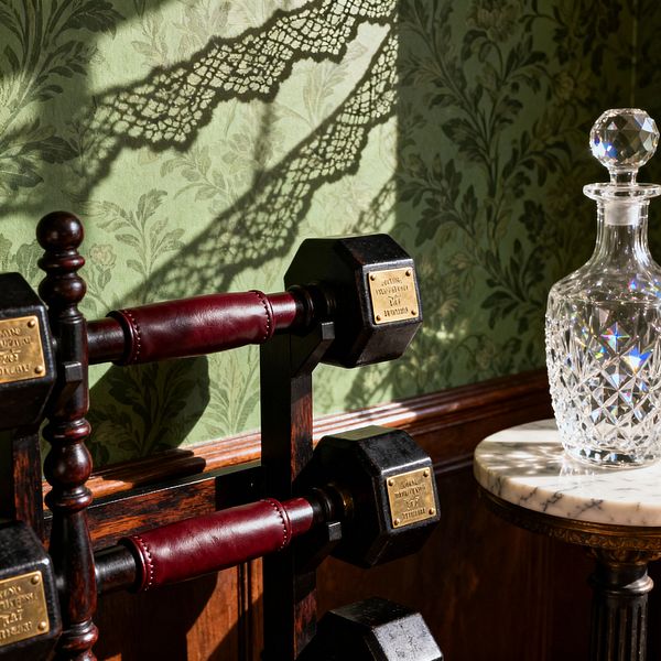 Close-up of a Victorian-style home gym corner featuring cast-iron dumbbells with brass nameplates on a dark wood rack wrapped in oxblood leather. Sage green damask wallpaper and wood wainscoting form the backdrop. At right, a round marble-topped pedestal table holds a cut-crystal decanter catching sunlight. Light filters in, casting lace-like shadows on the wall and highlighting layered textures of wood, leather, metal, marble, and glass.