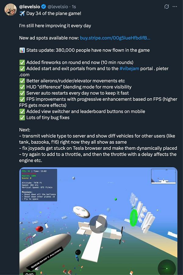 A Twitter post detailing updates for a plane-themed game on day 34 of development.