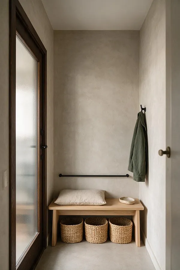 A narrow Japandi-style mudroom with a light wood bench against a soft beige plaster wall. The bench holds a neutral cushion and a small dish, with three woven baskets underneath, a dark wall hook with an olive-green jacket, and a frosted glass door on the left.