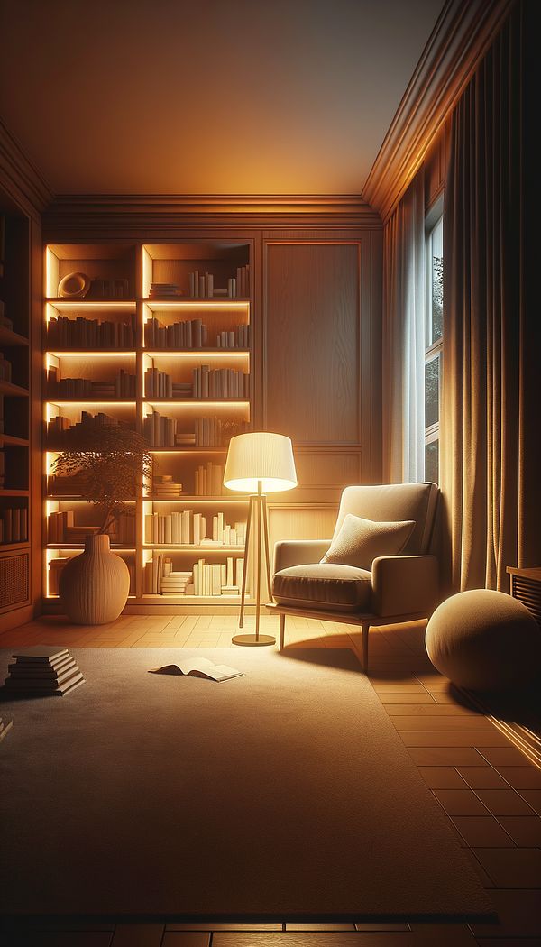 An interior space illuminated by a lamp with a warm colour temperature, casting a cozy and inviting glow over a comfortable reading nook.