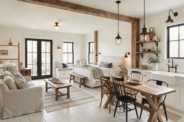 A spacious farmhouse-style guest bedroom with white shiplap walls, exposed wood beams, black-framed French doors and windows, and a neutral bed dressed in soft linens. The room includes a slipcovered sofa, rustic wood coffee and dining tables, vintage-style chairs, pendant lantern lights, and a built-in sink area with black fixtures.
