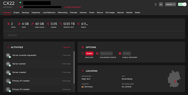 The image displays an overview dashboard for a cloud server instance with various metrics and activity logs.