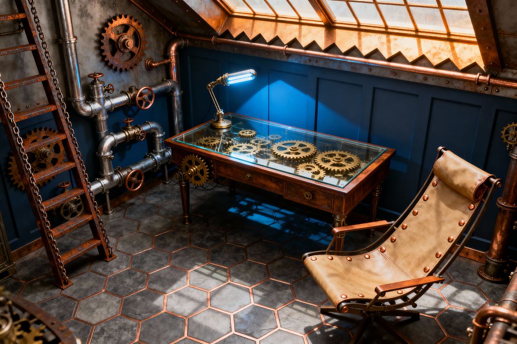 A steampunk home office under a copper-framed skylight features a wooden desk with a glass top displaying brass gears and a brass task lamp, a tan leather sling chair with rivets, and hexagonal stone tiles edged in copper. The navy wainscot wall is lined with exposed steel and copper pipes, valve wheels, and oversized cog sculptures, while a weathered ladder with chain accents leans beside the mechanical details.