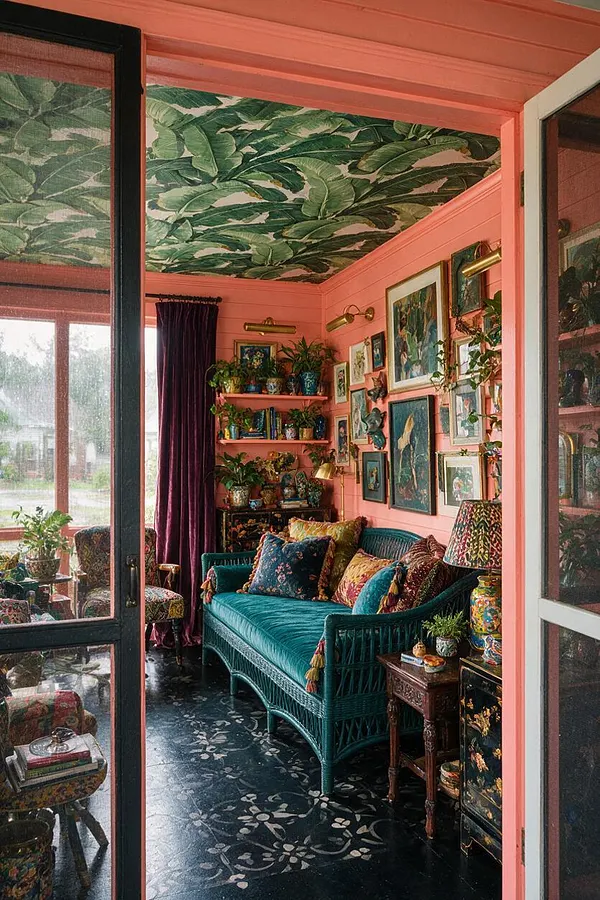 A colorful front porch filled with layered decor, featuring coral pink walls, a leafy green botanical ceiling, and a teal woven daybed piled with patterned pillows. The space includes framed artwork, potted plants, purple drapery, a dark floral floor, and eclectic vintage-style furnishings.