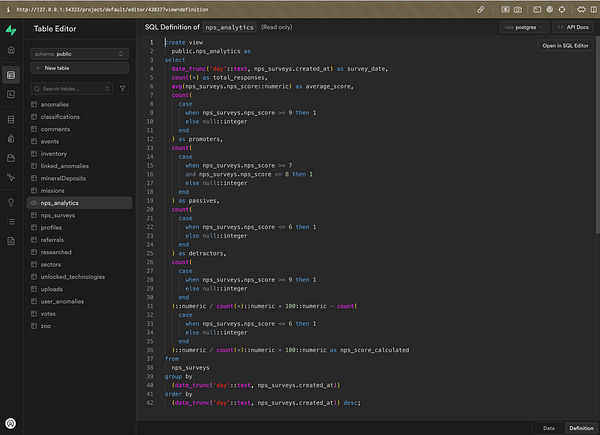 The image displays a SQL code snippet for defining a view in a database related to NPS analytics.