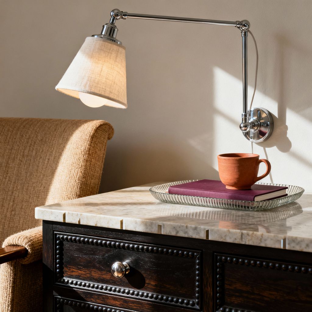 A close-up of a transitional home office vignette shows a wall-mounted chrome swing-arm lamp with a linen shade illuminating a marble-topped dark wood desk with beaded drawer fronts and polished knobs. On the surface, a ribbed glass tray holds a plum notebook and a terracotta mug. A camel, textured armchair sits to the left, all set against a warm light wall where sunlight casts soft, angular shadows across the scene.