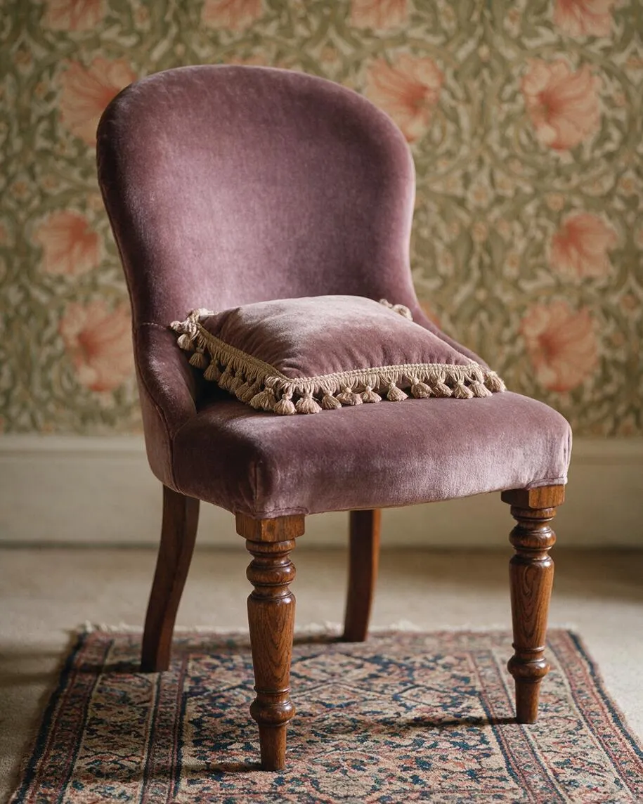A Victorian-style upholstered chair with a rounded mauve velvet back and seat, turned wooden legs, and a small matching cushion trimmed with tassels. It sits on a patterned rug in front of floral wallpaper, creating a rich, traditional interior scene.
