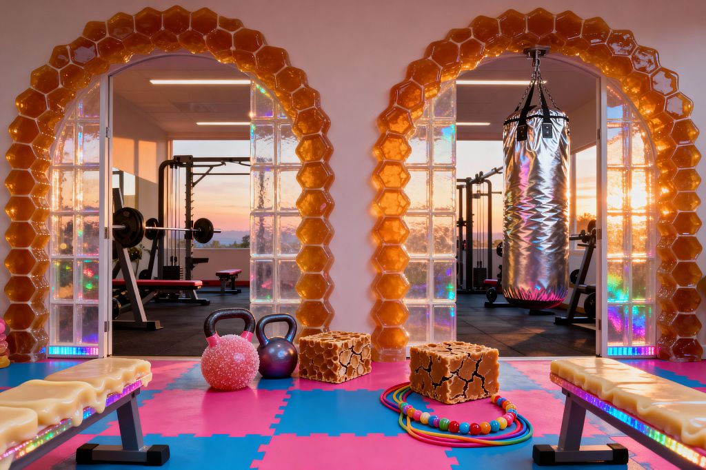 A whimsical home gym features two glass-block archways edged in amber honeycomb trim, opening to a weight area with black machines. The foreground has pink and blue foam tiles, cream-topped benches with rainbow LED edges, iridescent kettlebells, a spiky pink massage ball, honeycomb-textured cubes, and a colorful beaded jump rope. A metallic-silver heavy bag hangs beyond the right arch. Warm sunset light glows through the glass, highlighting the candy-toned palette and glossy finishes.