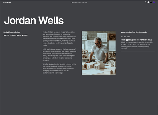 The image features a professional profile of Jordan Wells, a Digital Sports Editor, highlighting his expertise in sports innovation and technology.