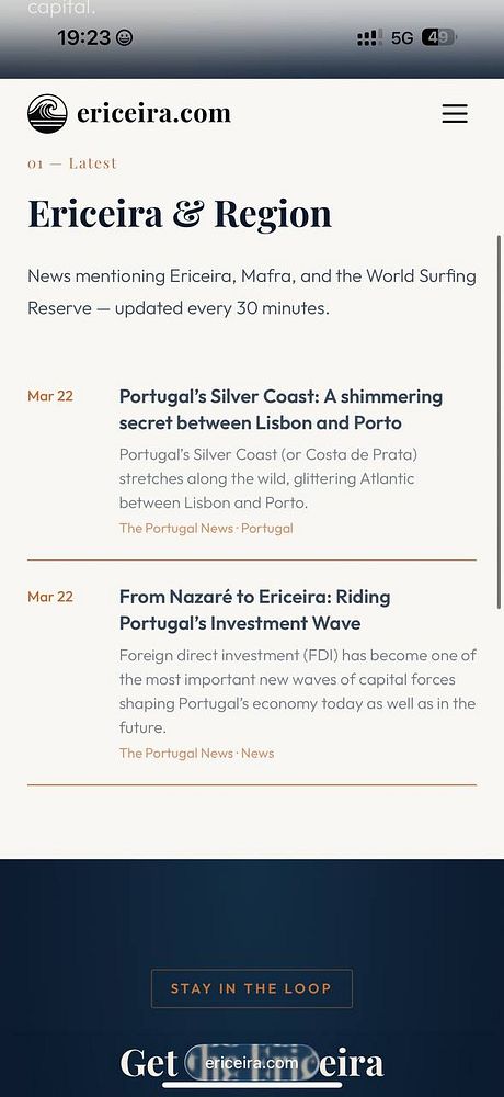 A screenshot of a webpage showing a live news page for Ericeira with articles and a sidebar menu.
