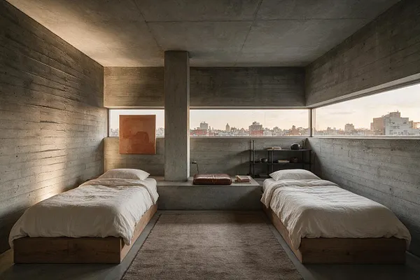 A stark kids' room with two low twin beds facing each other across a central concrete bench, all surrounded by raw concrete walls and ceiling. Large horizontal windows bring in city views and soft daylight, while a muted rug, simple shelving, and neutral bedding soften the industrial Brutalist space.