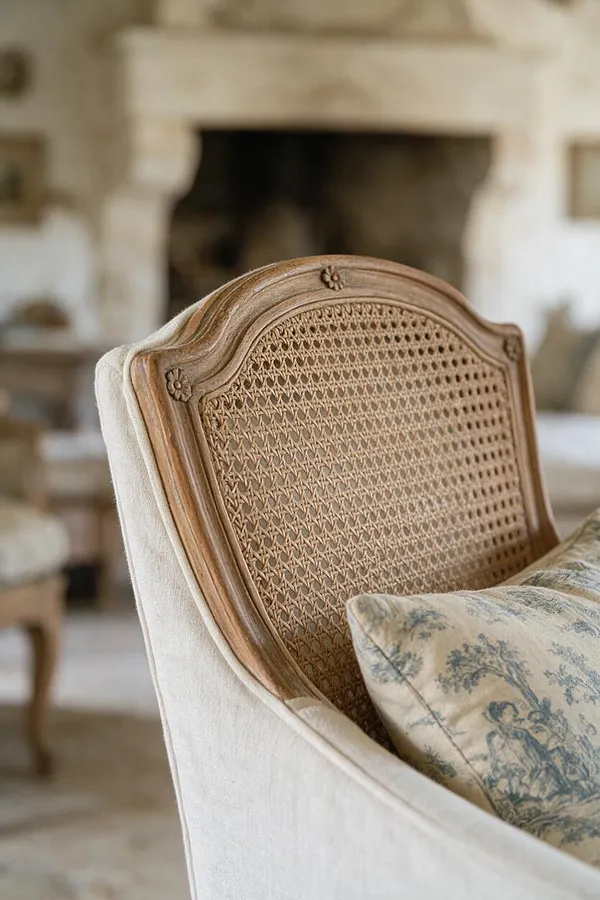 A close-up of a French Country accent chair with a carved wooden frame, woven cane back, and creamy linen upholstery. A blue-and-cream toile pillow rests against the seat, with a softly blurred rustic fireplace in the background.