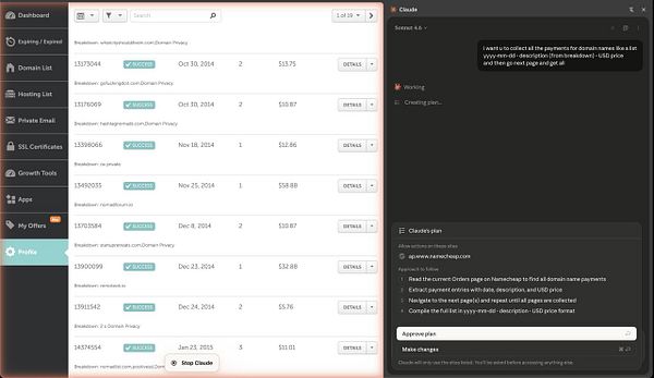 Namecheap account summary page displaying domain names and their associated costs.