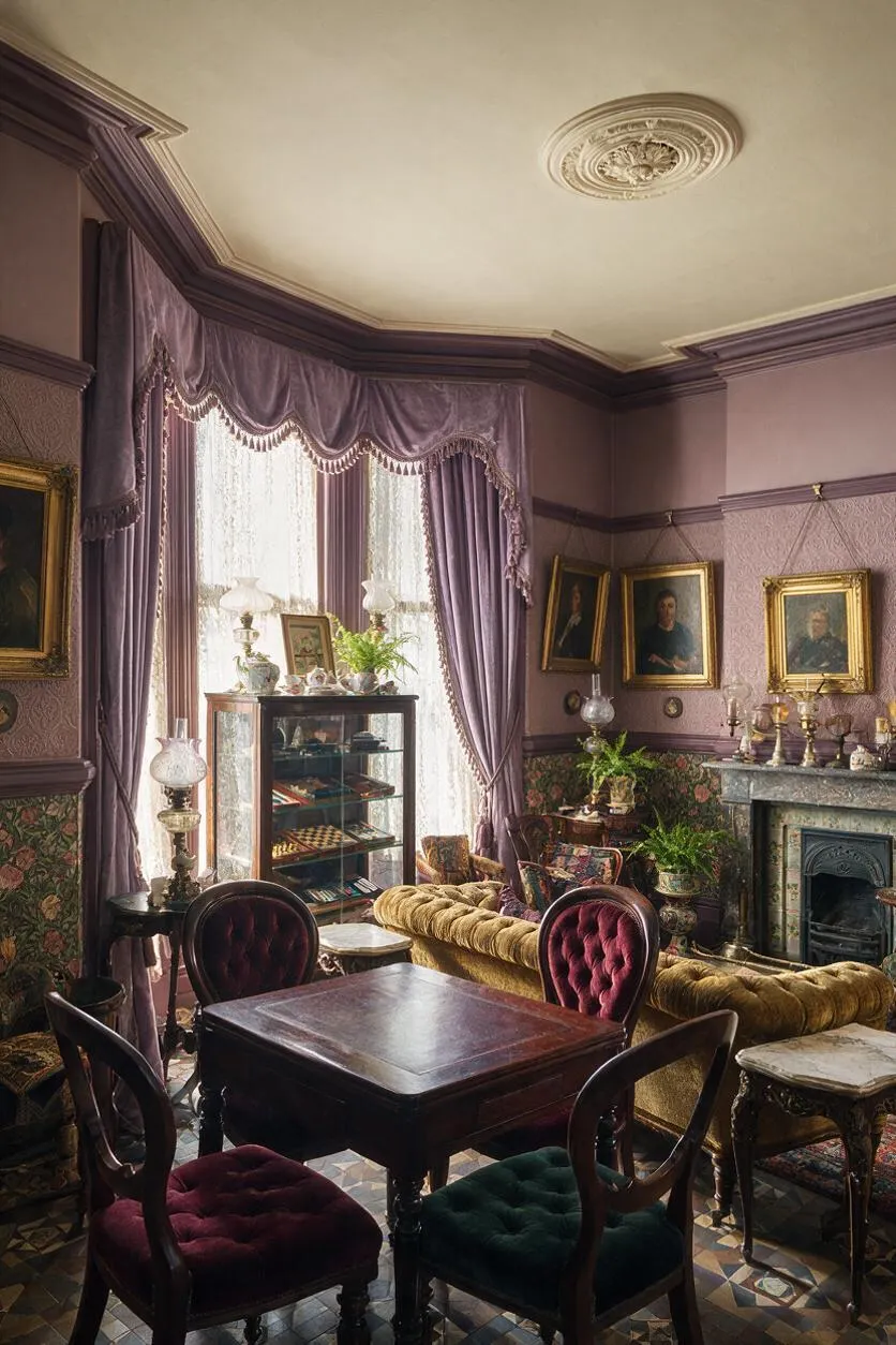 A richly decorated Victorian game room with a dark wood game table and upholstered chairs in burgundy and green velvet. The space features mauve walls, ornate drapery, a tufted gold sofa, framed portraits, a marble fireplace, and a glass display cabinet lit by soft daylight from tall windows.