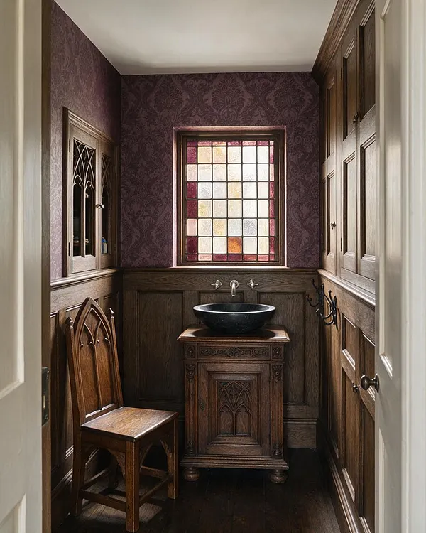 A narrow Gothic-style powder room with deep purple patterned wallpaper, dark wood paneling, and a central stained-glass window. A carved wooden vanity with a black vessel sink sits beneath the window, while a Gothic-style chair and cathedral-inspired cabinet details add to the old-world atmosphere.