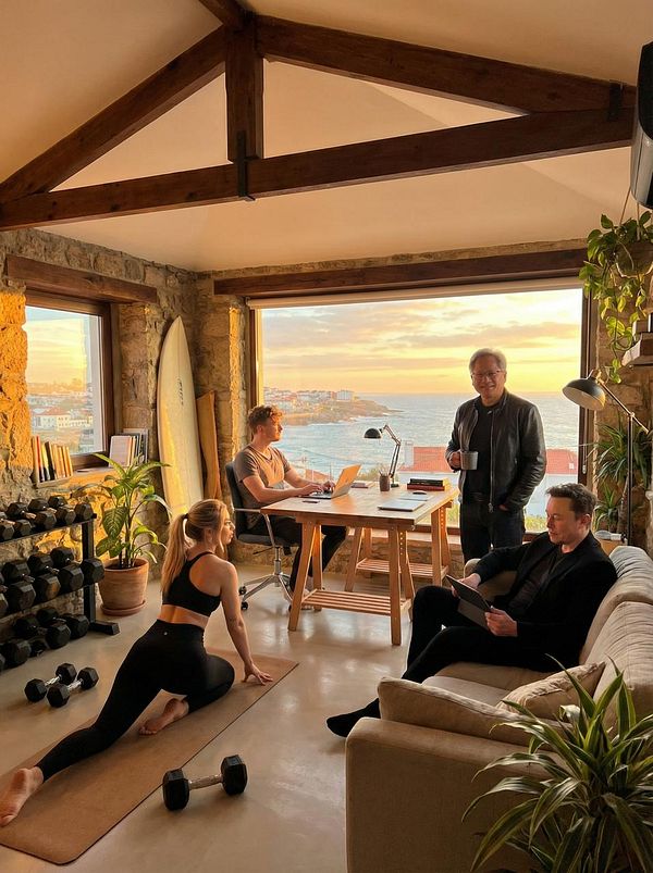 A cozy coworking space features a group of individuals engaged in various activities with a scenic ocean view.