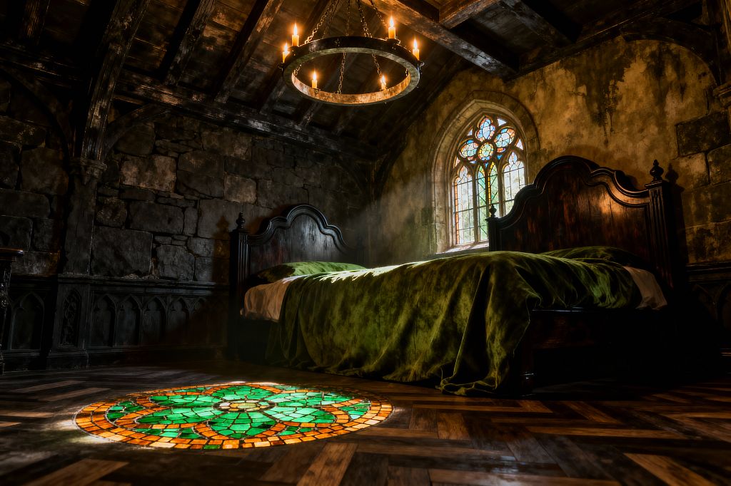A dark Gothic bedroom shows rough stone walls, aged plaster, and exposed timber beams, centered on a carved dark wood bed dressed in forest‑green velvet. Light streams through a pointed-arch stained‑glass window, projecting a circular pattern of green and amber onto the herringbone wood floor, while an iron ring chandelier with candle bulbs hangs above, deepening the moody, medieval character.
