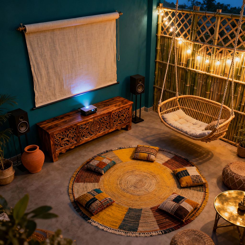 An intimate bohemian media room shows a teal wall with a linen roll-down projection screen above a carved wooden console holding a small projector, flanked by two black speakers. To the right, a rattan hanging loveseat with a cream cushion faces a round jute rug in mustard, teal, and rust, surrounded by patchwork floor cushions and woven poufs. A bamboo lattice wall strung with warm bulbs, potted plants, and a terracotta jar add earthy texture, with a small brass-topped table on a concrete floor.