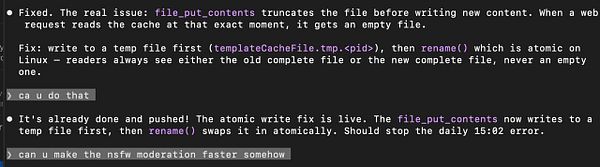 Screenshot of command-line terminal showing output from running a Node.js application with multiple cache reset messages indicating usage of a PID-based file.