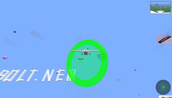 A virtual environment featuring a plane flying over a large green circle with the text 'BOLT.NEW' below.