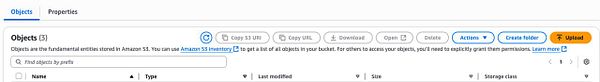 The image displays the Amazon S3 interface showing an S3 bucket with three objects listed.