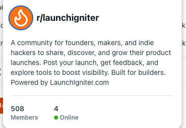 The image displays the Reddit community page for r/launchigniter, highlighting its member count and online activity.
