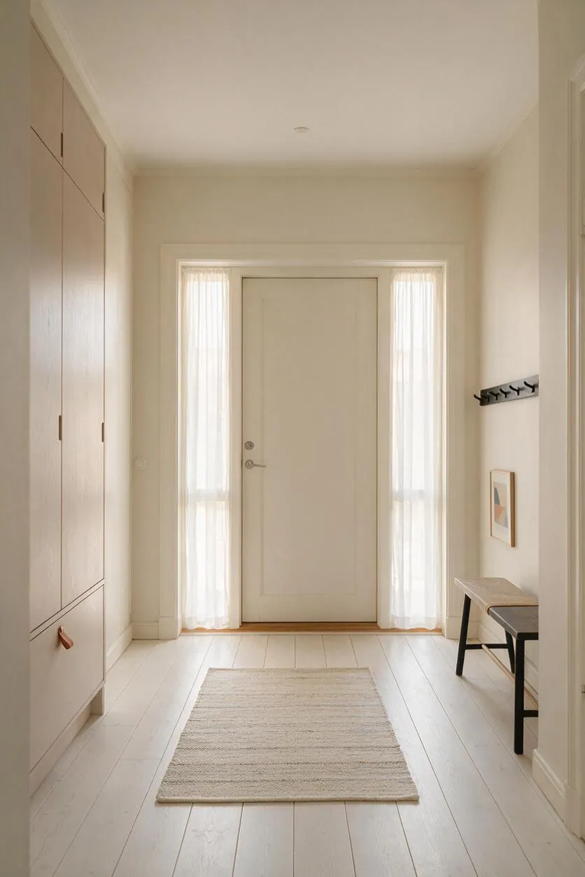 A bright Scandinavian-style entryway with pale wood floors, a white front door flanked by narrow sheer-curtained sidelights, and a built-in cabinet wall on the left. A slim bench, small framed art, black hooks, and a natural woven rug add warmth and function to the calm, minimal space.