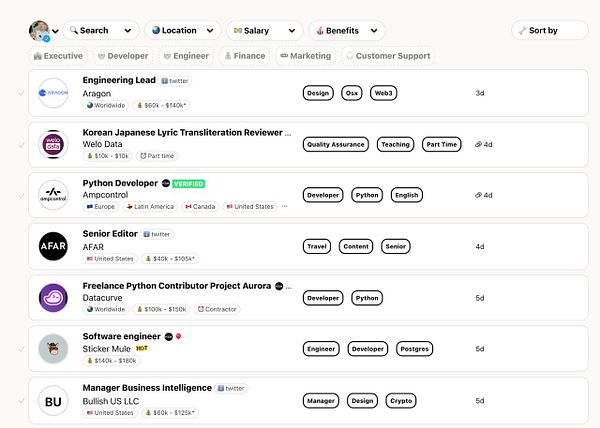The image displays a job listing interface with various job postings for remote positions.
