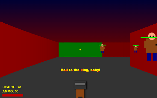 A retro-style first-person shooter game interface featuring blocky characters and health indicators.