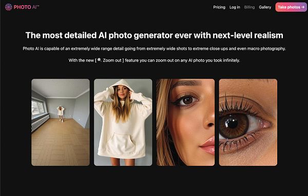 The image showcases a promotional layout for an AI photo generator with various sample images.