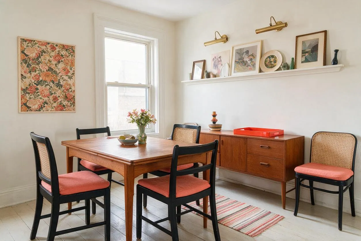 A bright eclectic dining room with a wooden table surrounded by black-framed chairs with woven backs and coral cushions. The room includes a mid-century wooden sideboard, framed art on a floating shelf, a floral wall hanging, and a striped rug on painted wood floors.