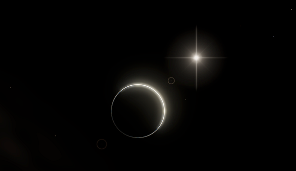 A space scene showing an illuminated crescent-shaped planet with light effects and a bright star in the background.