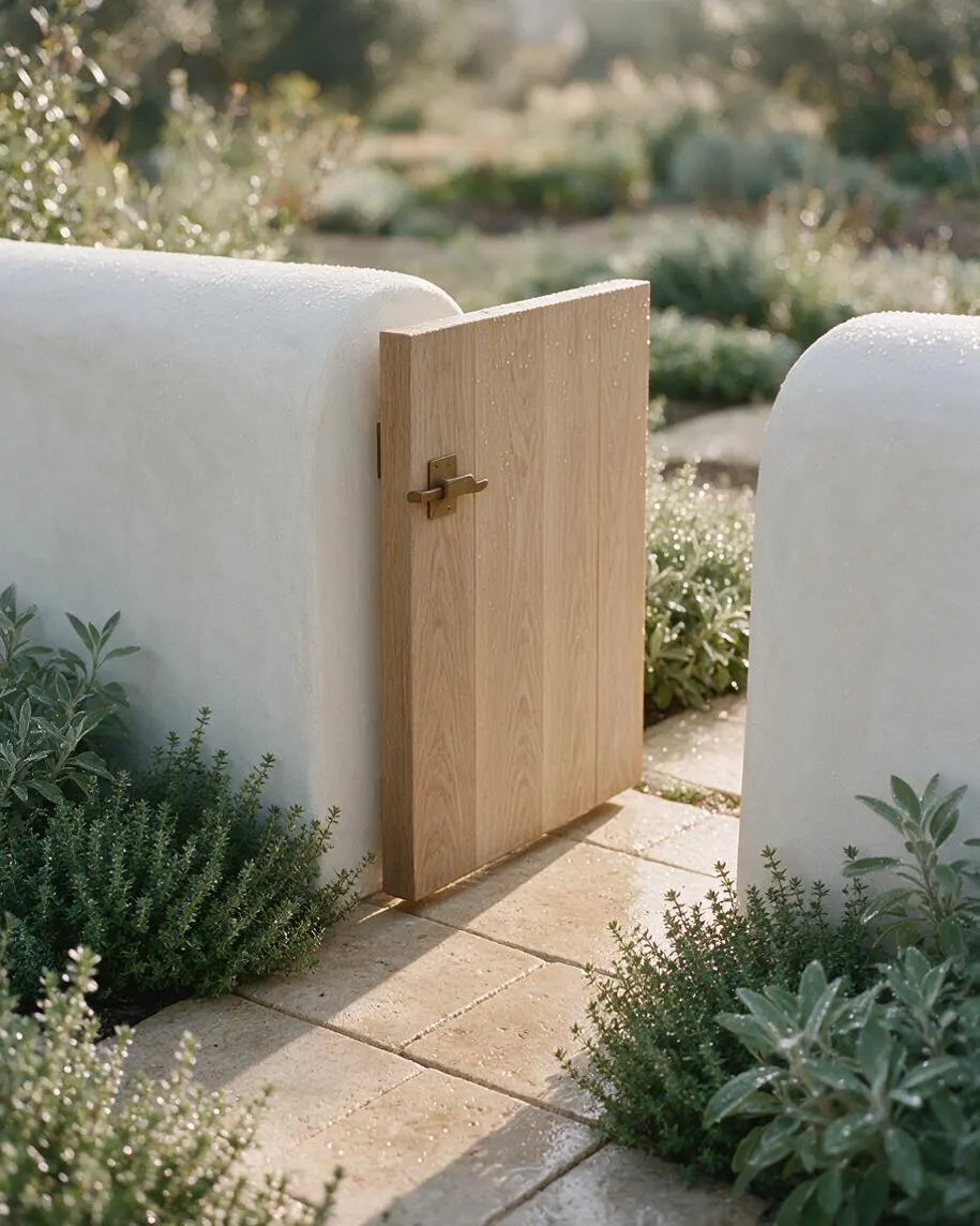 A small outdoor garden entry features a light oak gate set between smooth white plaster walls with rounded tops. Cream stone pavers lead through lush green plantings, creating a soft, natural Organic Modern landscape.
