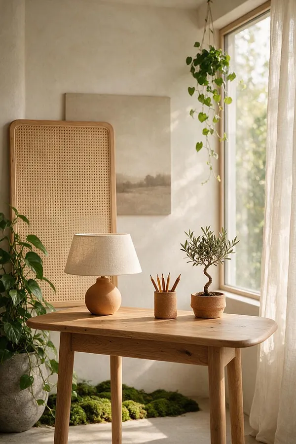 A warm biophilic interior vignette with a light wood table, a small ceramic lamp, terracotta pencil cup, and a bonsai-like potted tree by a bright window. A cane-backed panel, trailing vines, soft sheer curtains, and a mossy floor detail create a calm natural atmosphere.